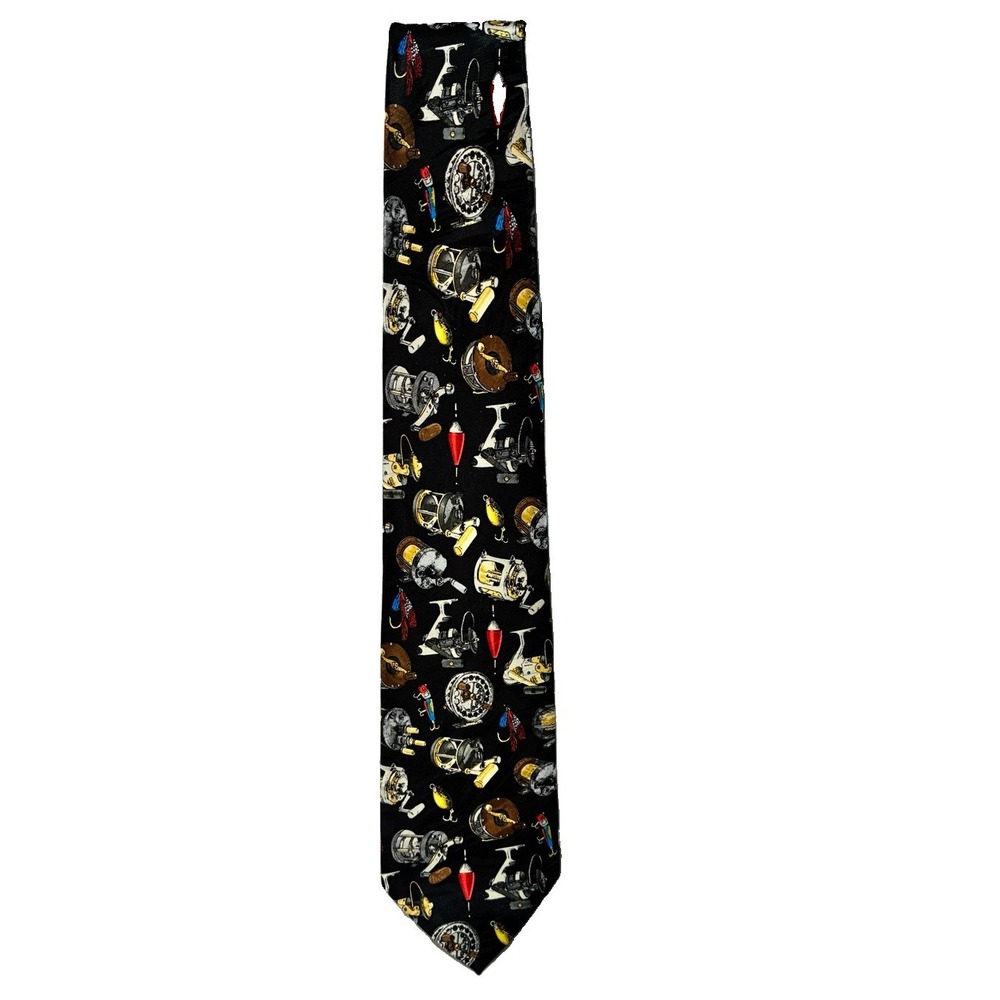 Vintage Tie Tales Fishing Reel Fishing Lures Black Novelty Necktie 4in w 59 L